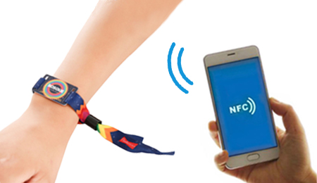 用于促销活动的 NFC 应用示例，例如使用腕带直接重定向到售票网站或用作一次性门票